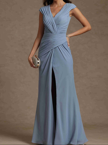 Sheath/Column V-Neck Sleeveless Ruched Long Mother of the Bride Dresses