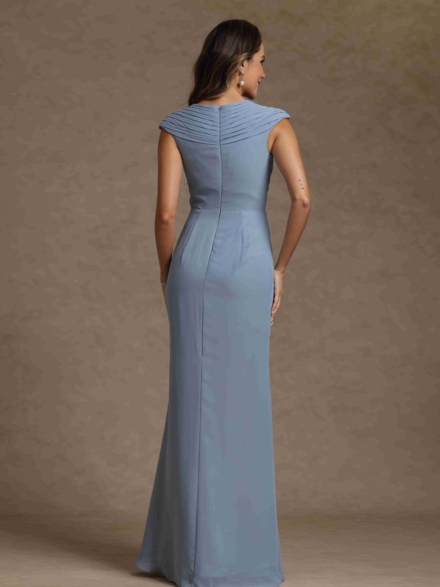 Sheath/Column V-Neck Sleeveless Ruched Long Mother of the Bride Dresses
