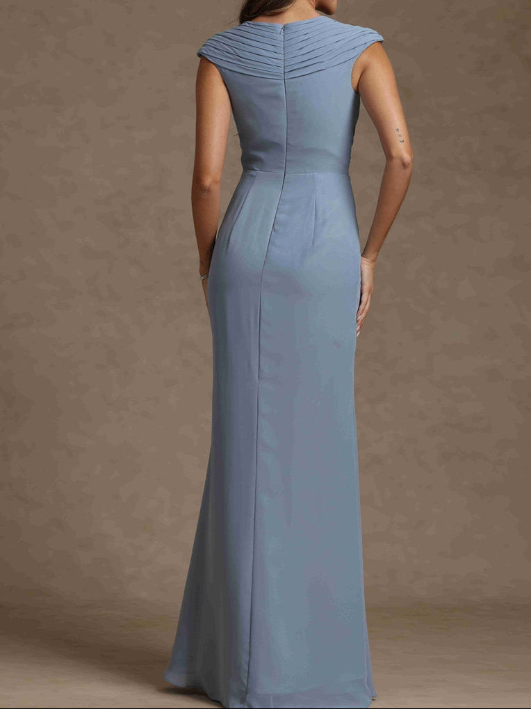 Sheath/Column V-Neck Sleeveless Ruched Long Mother of the Bride Dresses