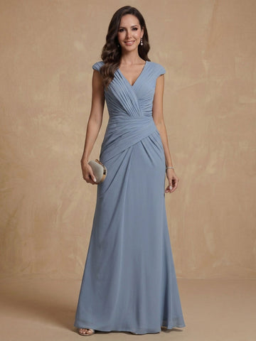 Sheath/Column V-Neck Sleeveless Ruched Long Mother of the Bride Dresses