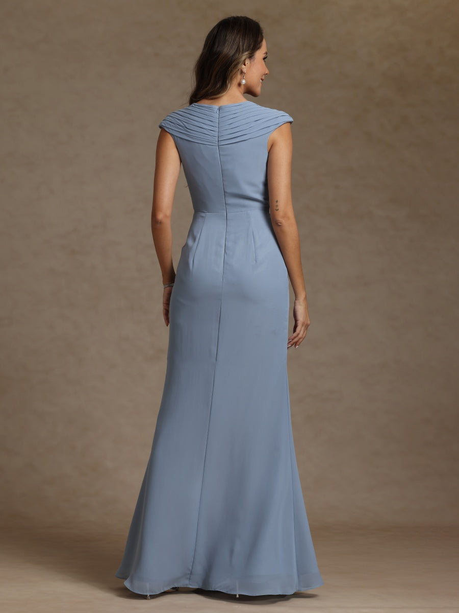 Sheath/Column V-Neck Sleeveless Ruched Long Mother of the Bride Dresses