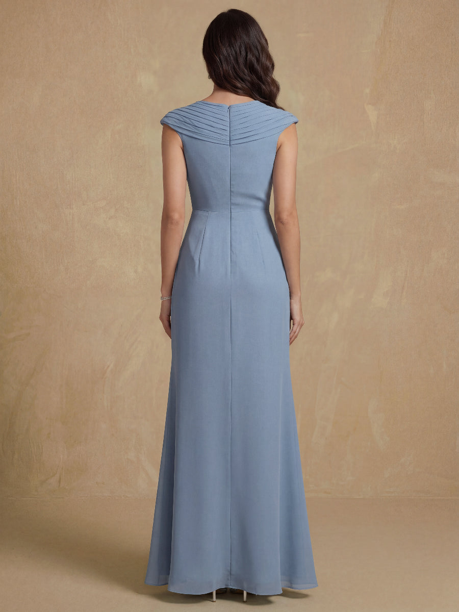 Sheath/Column V-Neck Sleeveless Ruched Long Mother of the Bride Dresses