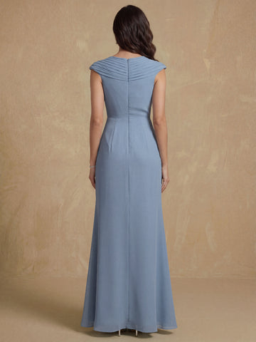 Sheath/Column V-Neck Sleeveless Ruched Long Mother of the Bride Dresses
