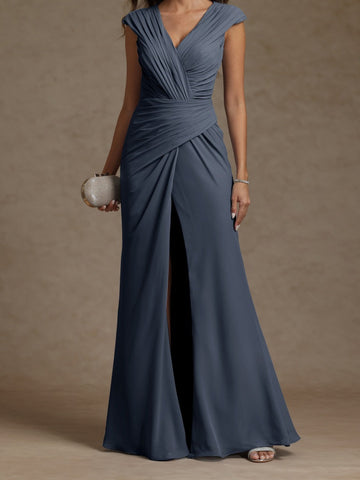 Sheath/Column V-Neck Sleeveless Ruched Long Mother of the Bride Dresses