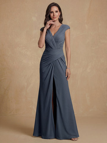 Sheath/Column V-Neck Sleeveless Ruched Long Mother of the Bride Dresses