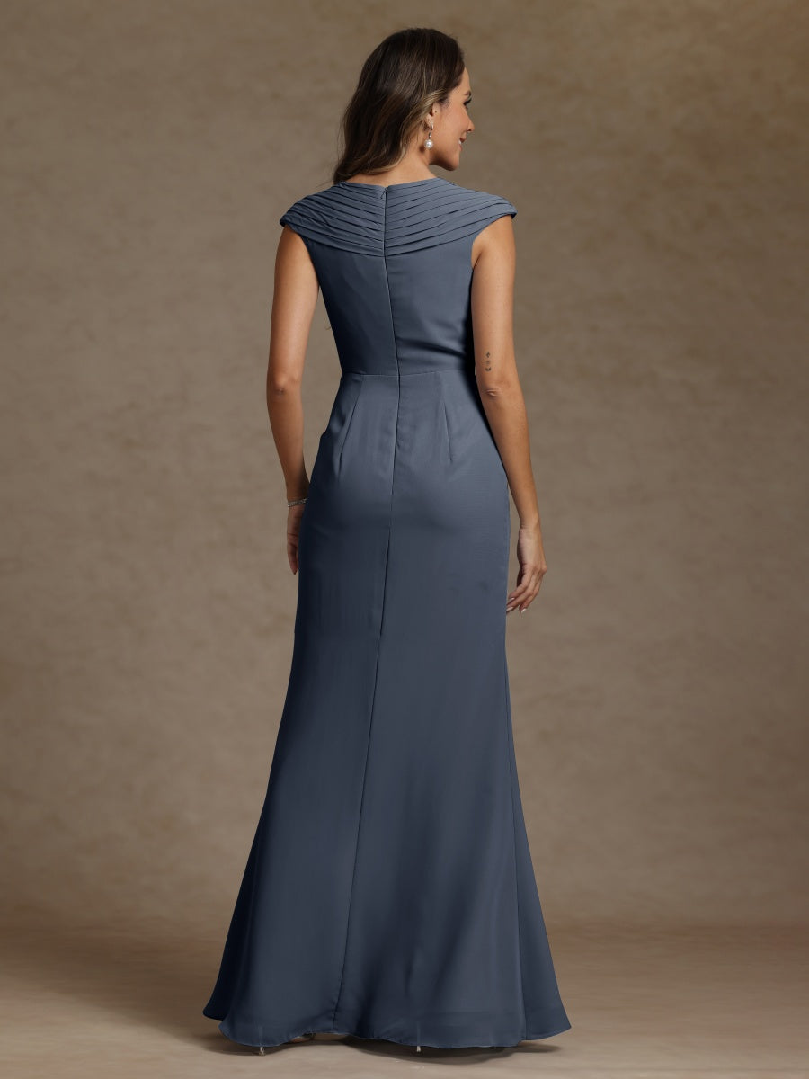 Sheath/Column V-Neck Sleeveless Ruched Long Mother of the Bride Dresses