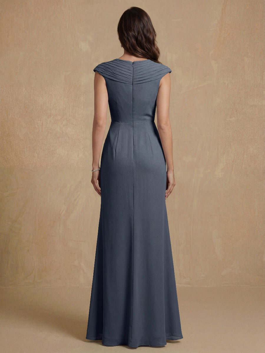 Sheath/Column V-Neck Sleeveless Ruched Long Mother of the Bride Dresses