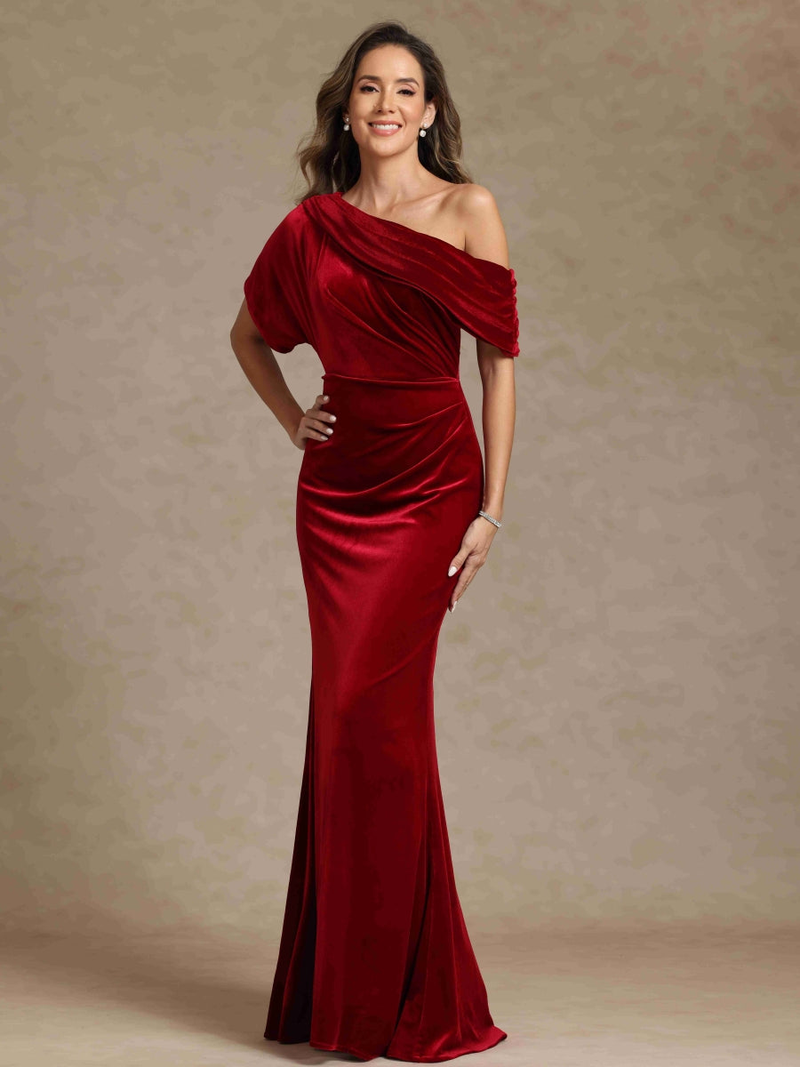 Velvet Sheath/Column One-Shoulder Short Sleeves Mother of the Bride Dresses