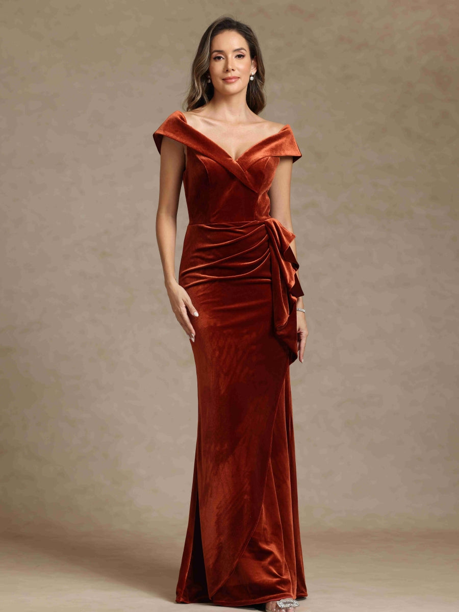 Velvet Sheath/Column Deep V-Neck Sleeveless Mother of the Bride Dresses With Ruffles