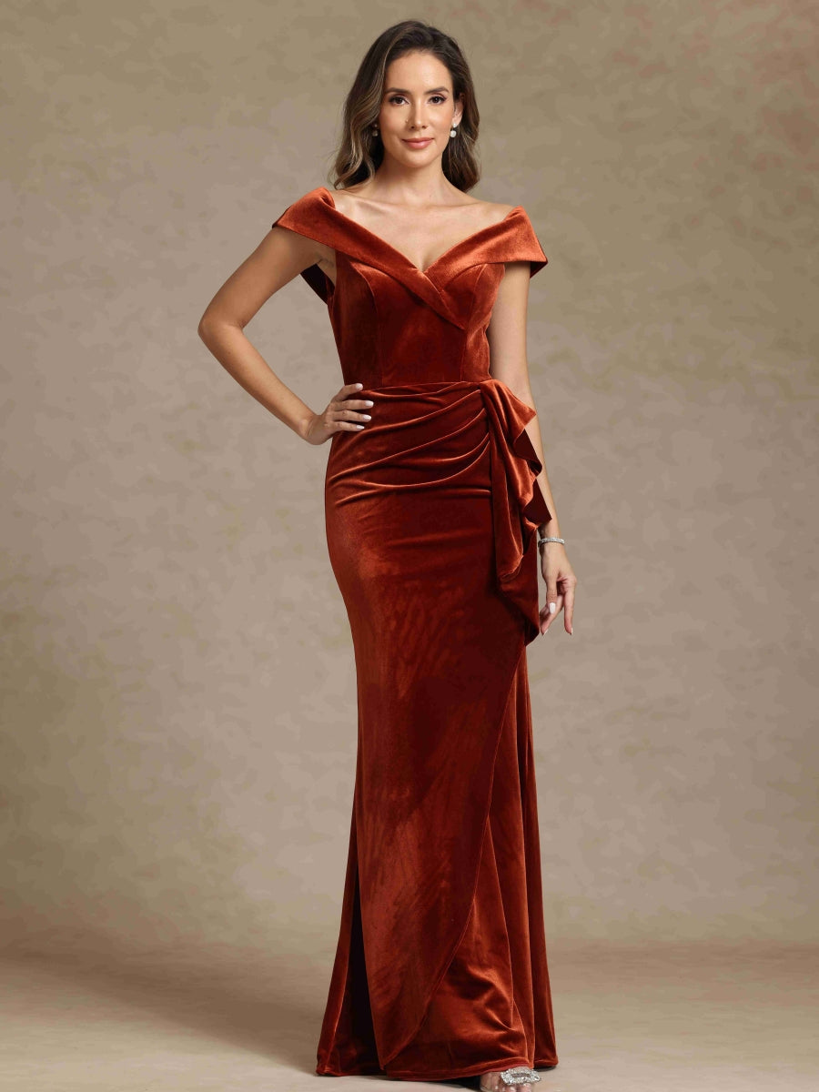 Velvet Sheath/Column Deep V-Neck Sleeveless Mother of the Bride Dresses With Ruffles