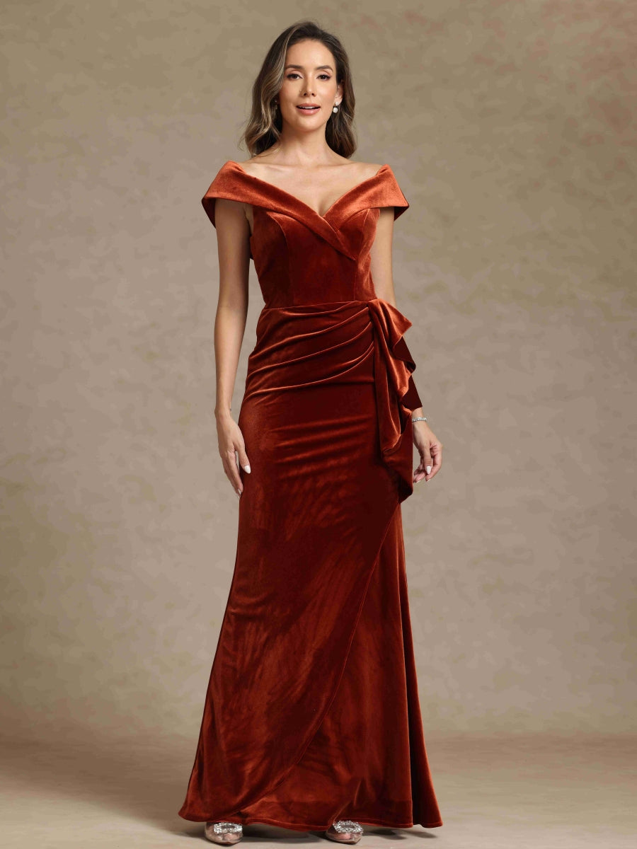 Velvet Sheath/Column Deep V-Neck Sleeveless Mother of the Bride Dresses With Ruffles