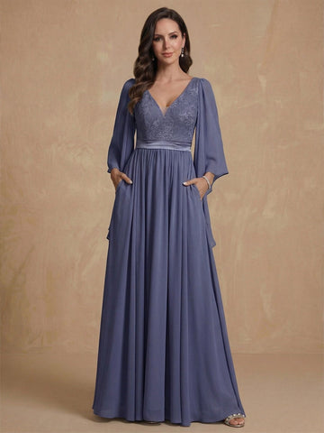 A-Line/Princess V-Neck Long Sleeves Long Mother of the Bride Dresses With Sash