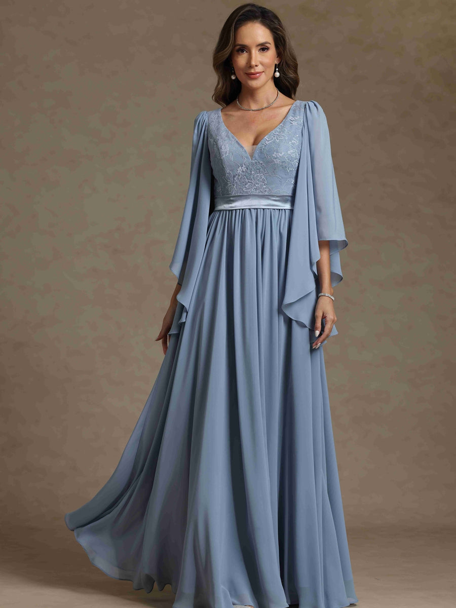 A-Line/Princess V-Neck Long Sleeves Long Mother of the Bride Dresses With Sash