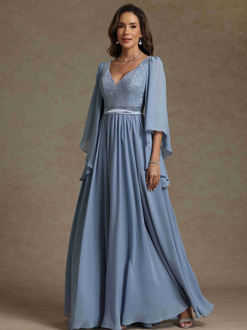 A-Line/Princess V-Neck Long Sleeves Long Mother of the Bride Dresses With Sash