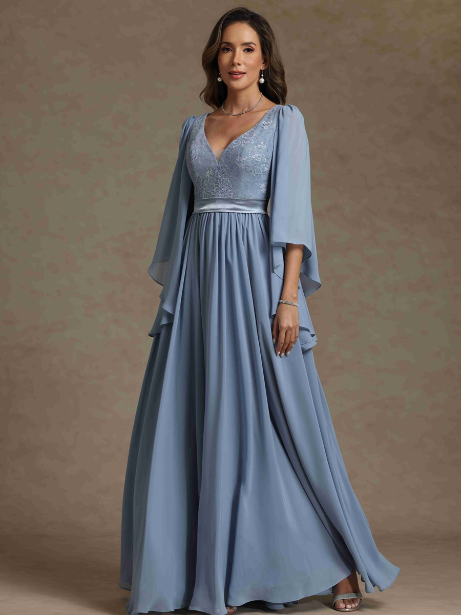 A-Line/Princess V-Neck Long Sleeves Long Mother of the Bride Dresses With Sash