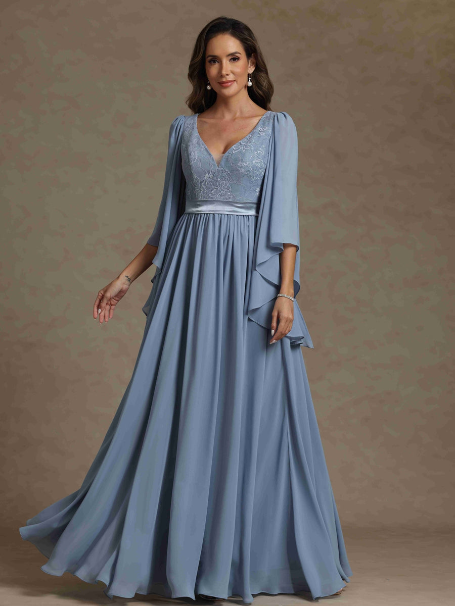 A-Line/Princess V-Neck Long Sleeves Long Mother of the Bride Dresses With Sash