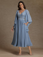 A-Line/Princess V-Neck Long Sleeves Tea-Length Mother of the Bride Dresses With Sash