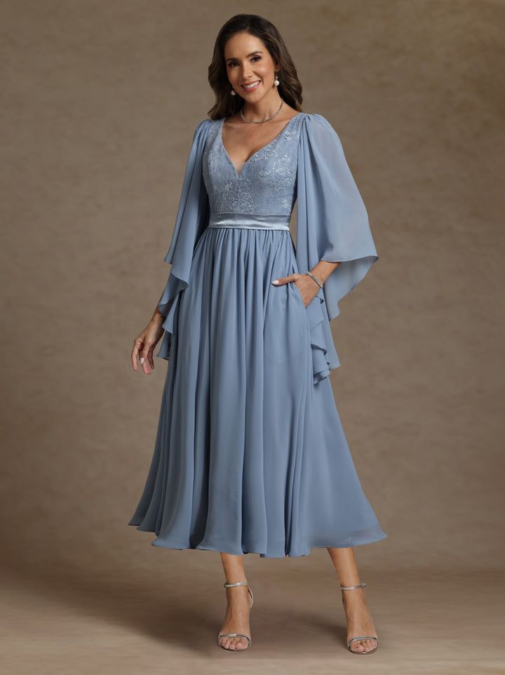 A-Line/Princess V-Neck Long Sleeves Tea-Length Mother of the Bride Dresses With Sash