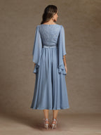 A-Line/Princess V-Neck Long Sleeves Tea-Length Mother of the Bride Dresses With Sash