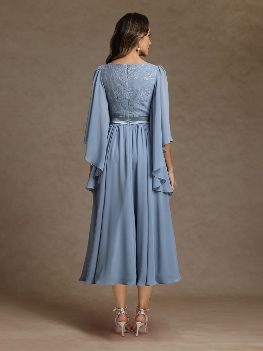 A-Line/Princess V-Neck Long Sleeves Tea-Length Mother of the Bride Dresses With Sash