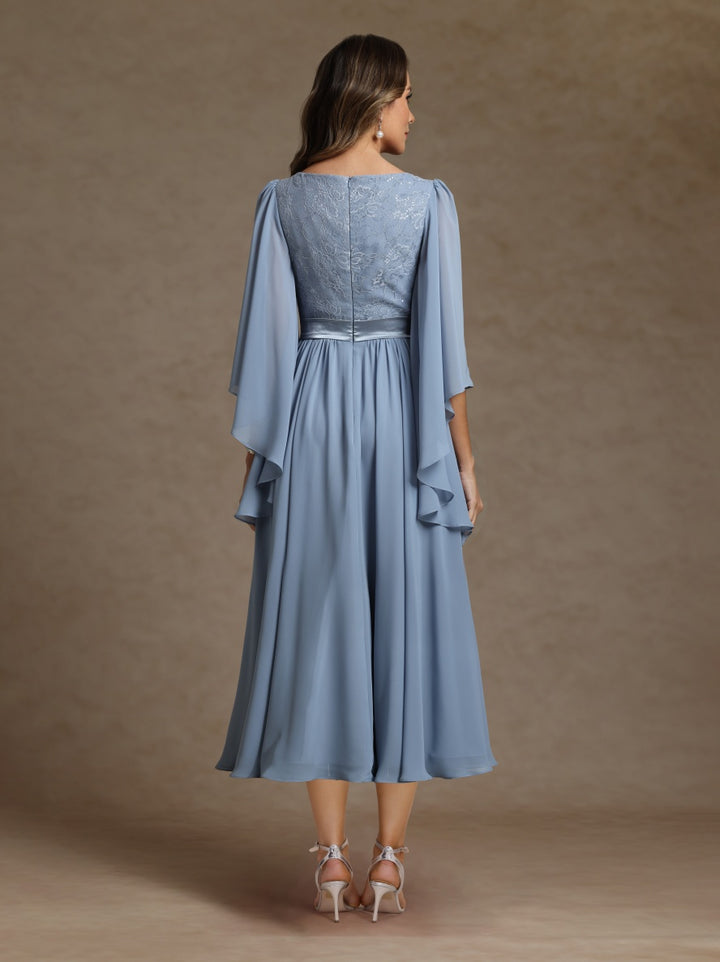 A-Line/Princess V-Neck Long Sleeves Tea-Length Mother of the Bride Dresses With Sash