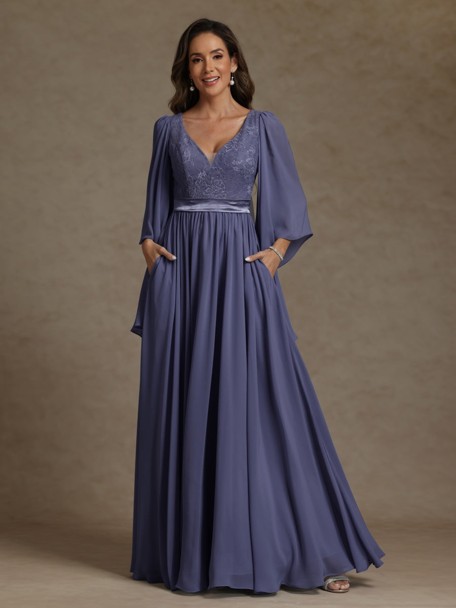 A-Line/Princess V-Neck Long Sleeves Long Mother of the Bride Dresses With Sash
