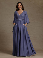 A-Line/Princess V-Neck Long Sleeves Long Mother of the Bride Dresses With Sash