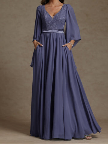 A-Line/Princess V-Neck Long Sleeves Long Mother of the Bride Dresses With Sash