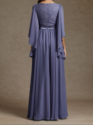 A-Line/Princess V-Neck Long Sleeves Long Mother of the Bride Dresses With Sash