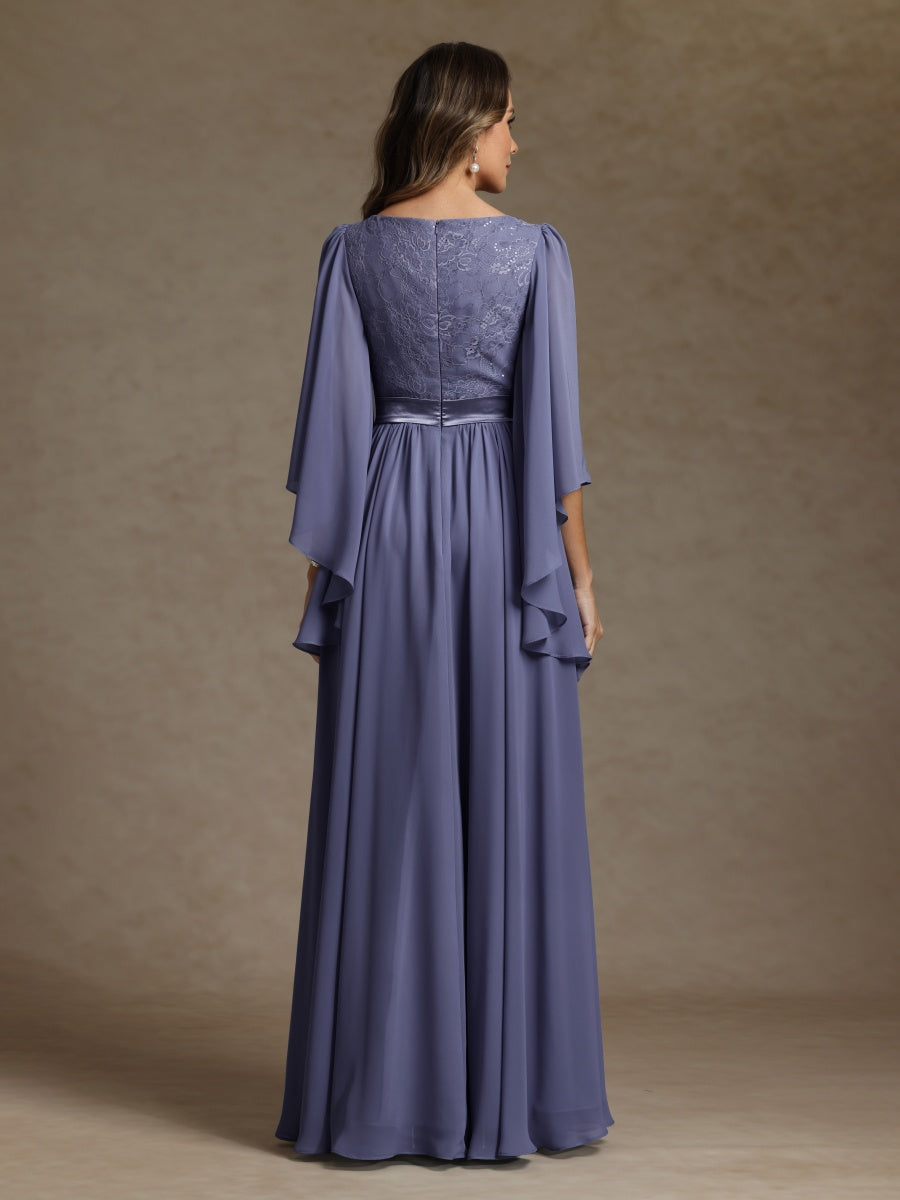 A-Line/Princess V-Neck Long Sleeves Long Mother of the Bride Dresses With Sash