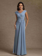 Sheath/Column V-Neck Sleeveless Ruched Long Mother of the Bride Dresses With Beading