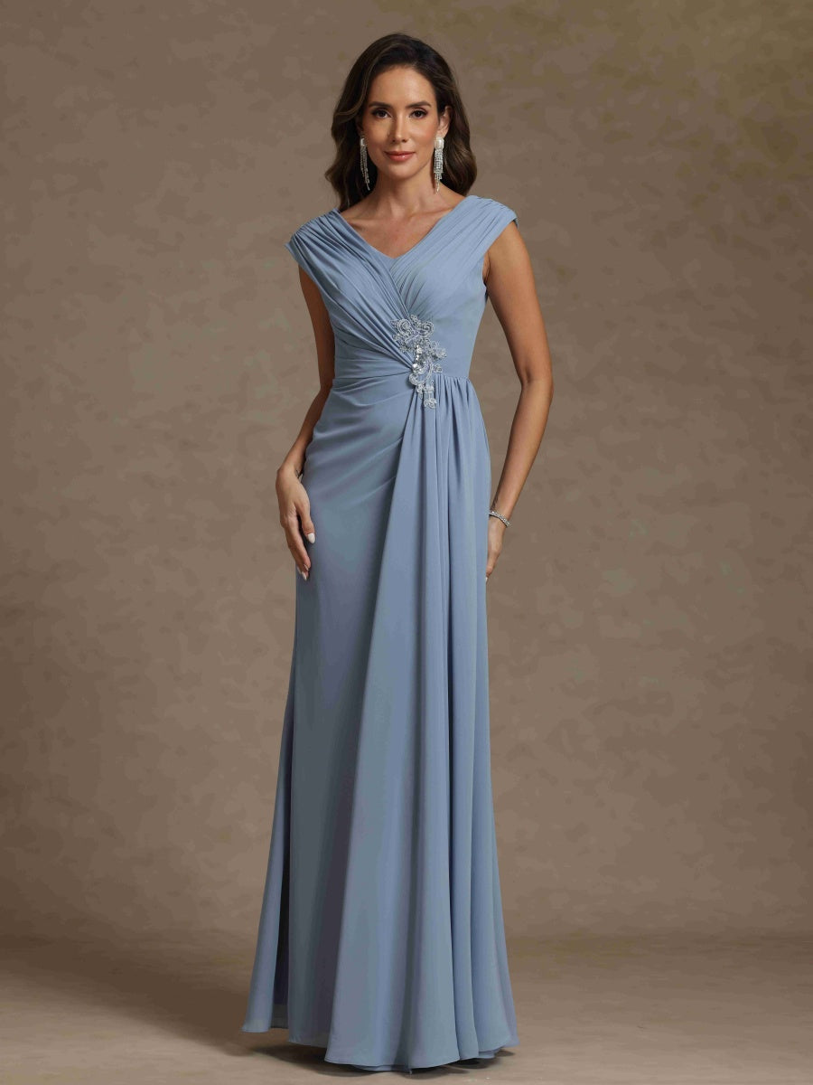 Sheath/Column V-Neck Sleeveless Ruched Long Mother of the Bride Dresses With Beading