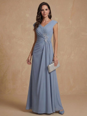 Sheath/Column V-Neck Sleeveless Ruched Long Mother of the Bride Dresses With Beading