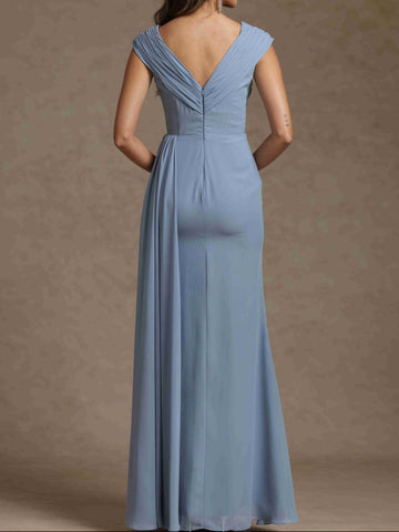 Sheath/Column V-Neck Sleeveless Ruched Long Mother of the Bride Dresses With Beading