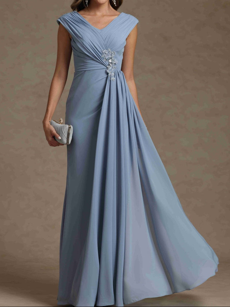 Sheath/Column V-Neck Sleeveless Ruched Long Mother of the Bride Dresses With Beading