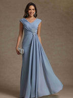 Sheath/Column V-Neck Sleeveless Ruched Long Mother of the Bride Dresses With Beading