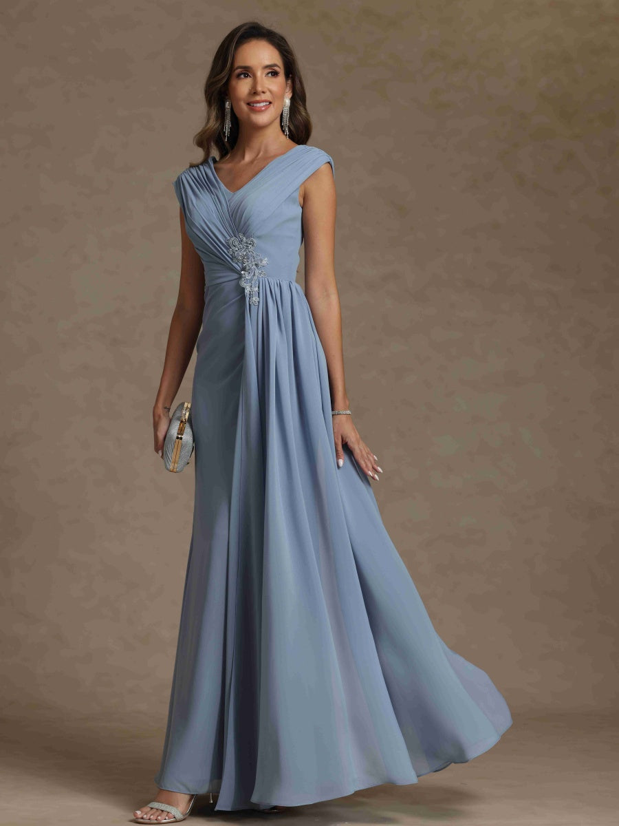 Sheath/Column V-Neck Sleeveless Ruched Long Mother of the Bride Dresses With Beading