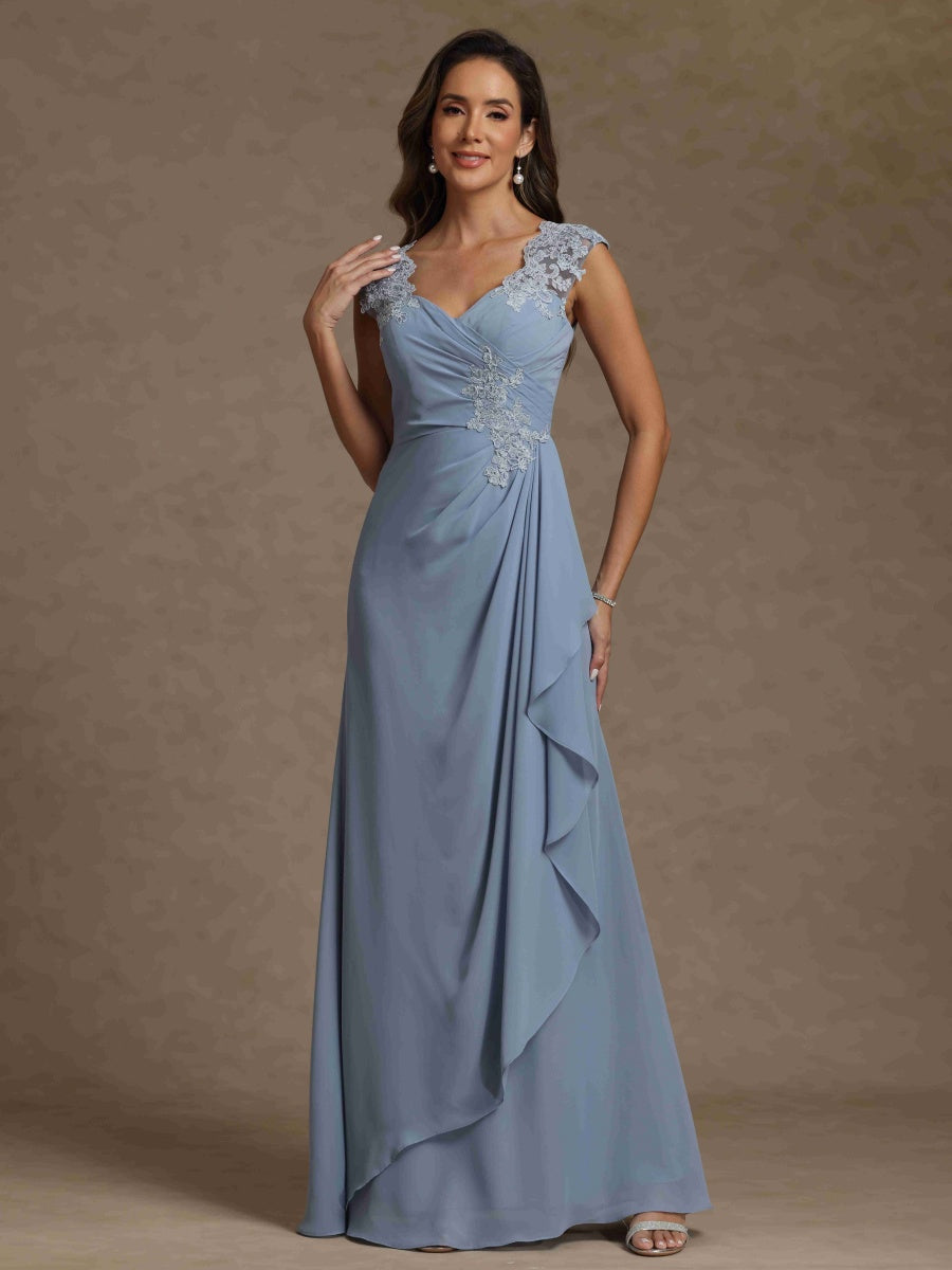 Sheath/Column V-Neck Sleeveless Ruched Long Mother of the Bride Dresses With Lace