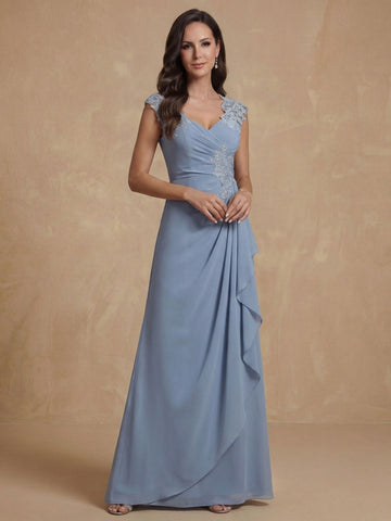 Sheath/Column V-Neck Sleeveless Ruched Long Mother of the Bride Dresses With Lace