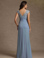 Sheath/Column V-Neck Sleeveless Ruched Long Mother of the Bride Dresses With Lace