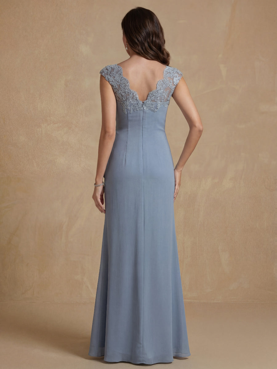 Sheath/Column V-Neck Sleeveless Ruched Long Mother of the Bride Dresses With Lace