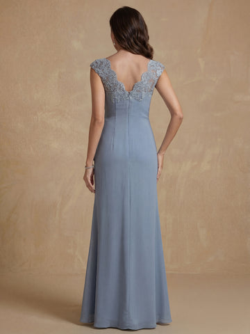 Sheath/Column V-Neck Sleeveless Ruched Long Mother of the Bride Dresses With Lace