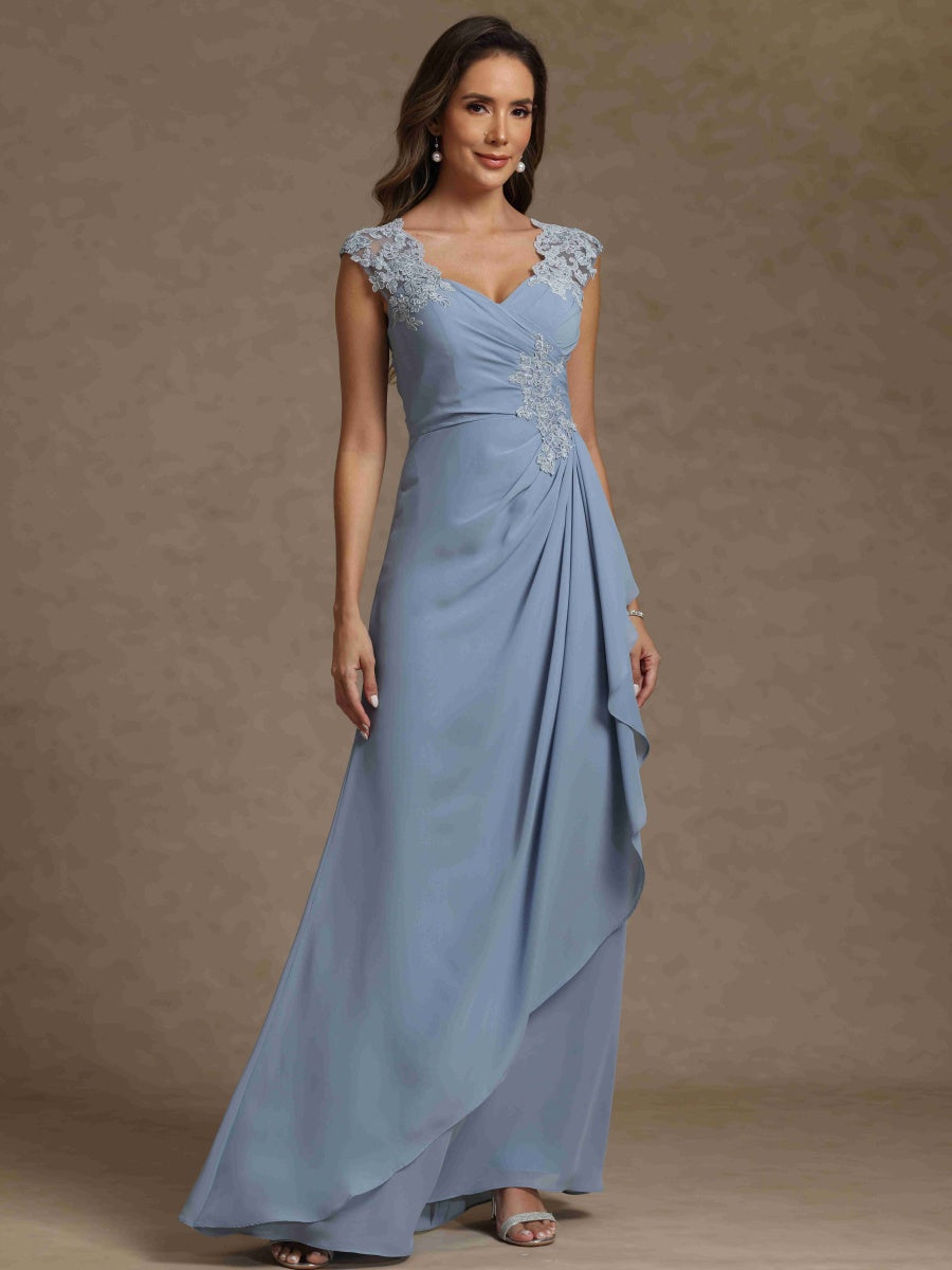 Sheath/Column V-Neck Sleeveless Ruched Long Mother of the Bride Dresses With Lace