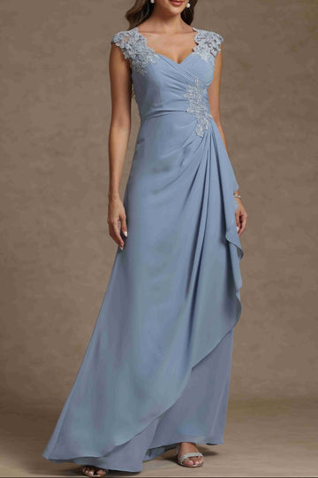 Sheath/Column V-Neck Sleeveless Ruched Long Mother of the Bride Dresses With Lace