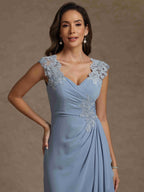 Sheath/Column V-Neck Sleeveless Ruched Long Mother of the Bride Dresses With Lace