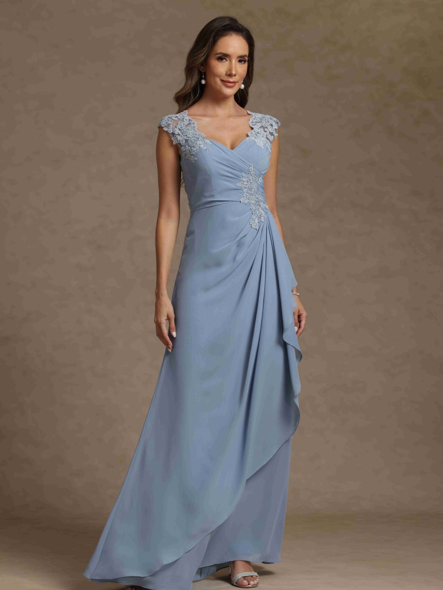 Sheath/Column V-Neck Sleeveless Ruched Long Mother of the Bride Dresses With Lace