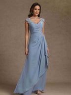 Sheath/Column V-Neck Sleeveless Ruched Long Mother of the Bride Dresses With Lace