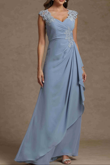 Sheath/Column V-Neck Sleeveless Ruched Long Mother of the Bride Dresses With Lace