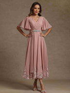 A-Line/Princess V Neck Short Sleeves Mother of the Bride Dresses With Beading & Lace