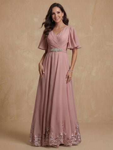 A-Line/Princess V Neck Short Sleeves Mother of the Bride Dresses With Beading & Lace